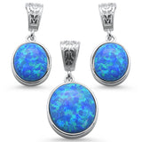 Sterling Silver Oval Blue Opal Design Earrings And Pendant Set