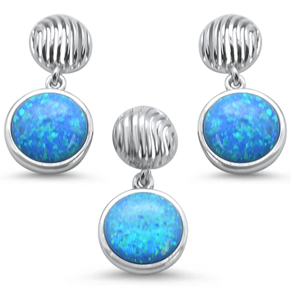 Sterling Silver Round Blue Opal Earrings And Pendant Set