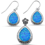 Sterling Silver Pear Shape Blue Opal Flower Earrings And Pendant Set