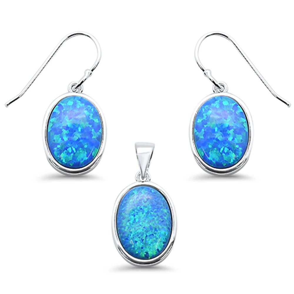 Sterling Silver Oval Blue Opal Pendant And Earring Set
