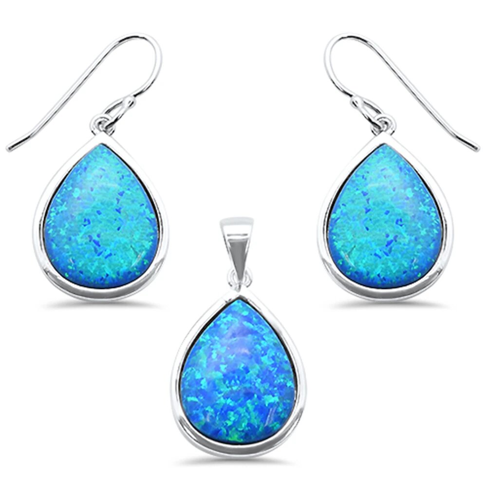 Sterling Silver Pear Blue Opal Pendant And Earring Set
