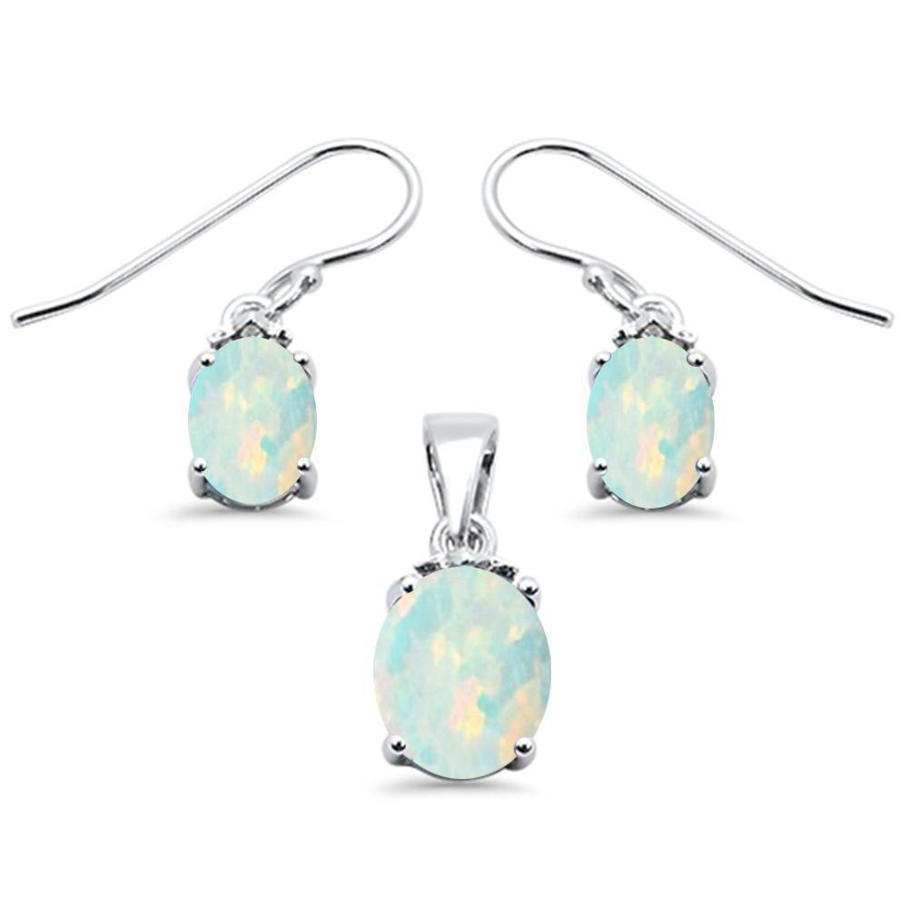 Sterling Silver Oval White Opal Pendant and Earring Set - silverdepot
