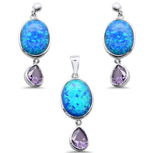 Load image into Gallery viewer, Sterling Silver Oval Blue Opal And Pear Amethyst Pendant And Earring Set