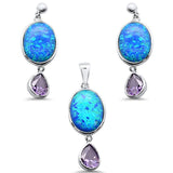 Sterling Silver Oval Blue Opal And Pear Amethyst Pendant And Earring Set