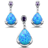 Sterling Silver Pear Shape Blue Opal And Amethyst Pendant And Earring Set