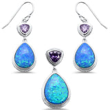Sterling Silver Pear Shape Blue Opal And Amethyst Pendant And Earring Set
