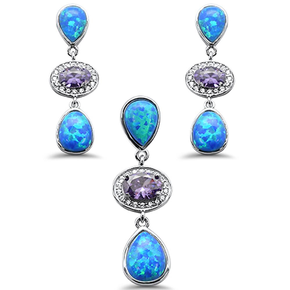 Sterling Silver Pear Blue Opal And Amethyst Pendant And Earring Set