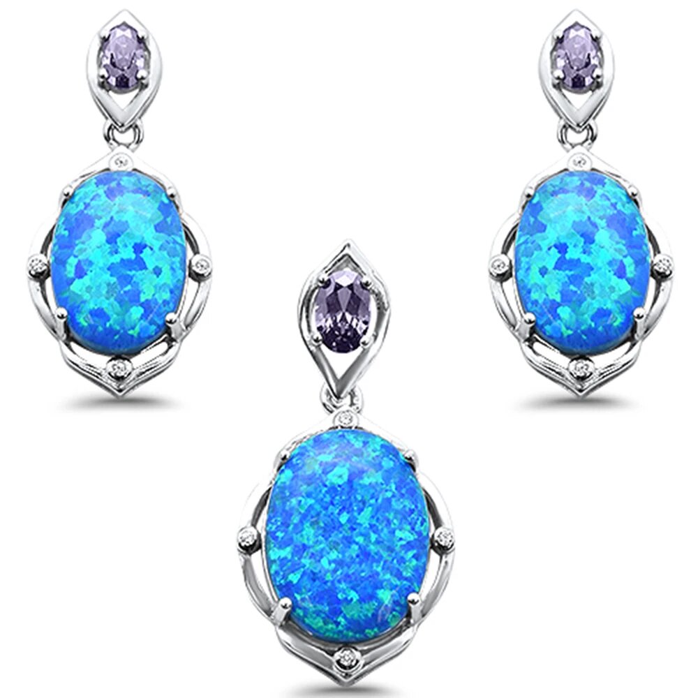 Sterling Silver New Oval Blue Opal And Amethyst Pendant And Earring Set