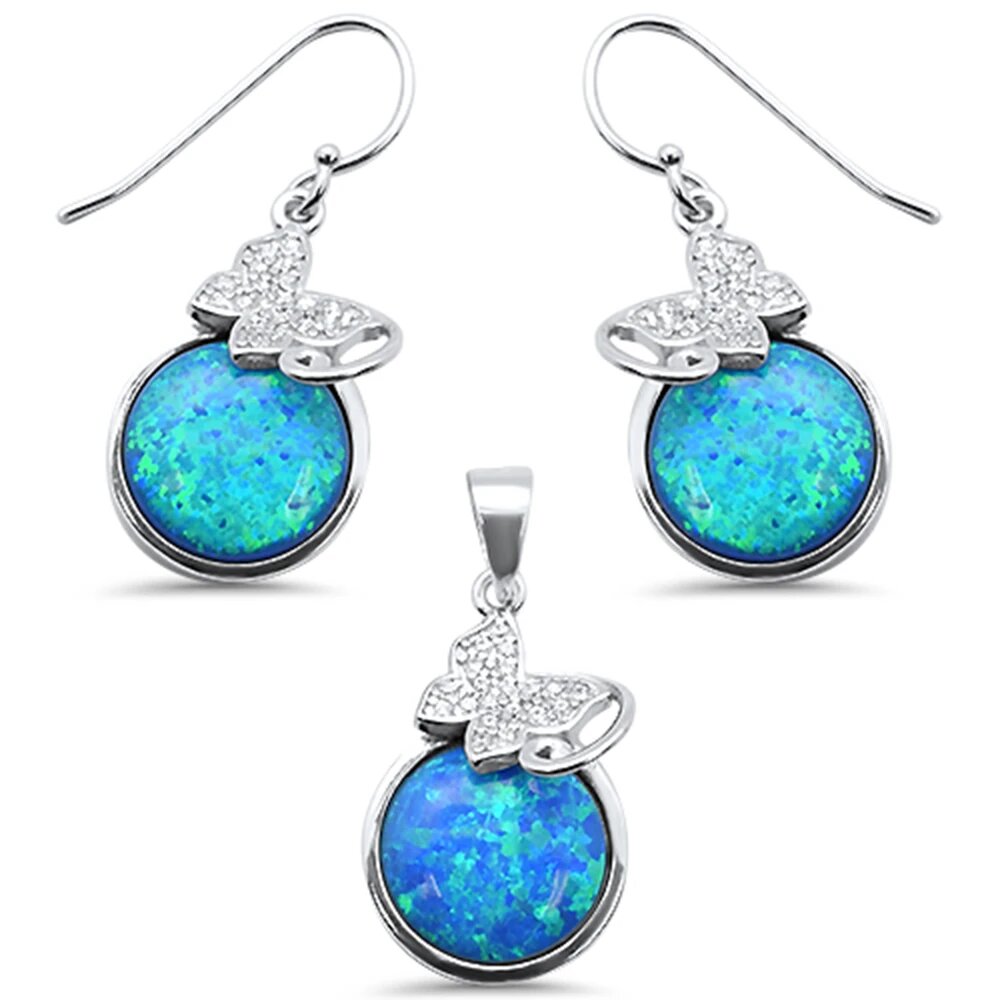 Sterling Silver Round Blue Opal And Cubic Zirconia Pendant And Earring Set