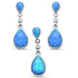 Sterling Silver Pear Shape Blue Opal And Round Cubic Zirconia Pendant And Earring Set