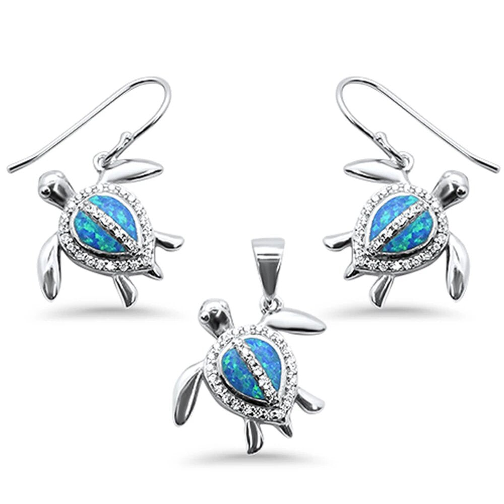 Sterling Silver Blue Opal And Cubic Zirconia Turtle Pendant And Earring Set