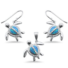 Load image into Gallery viewer, Sterling Silver Blue Opal And Cubic Zirconia Turtle Pendant And Earring Set
