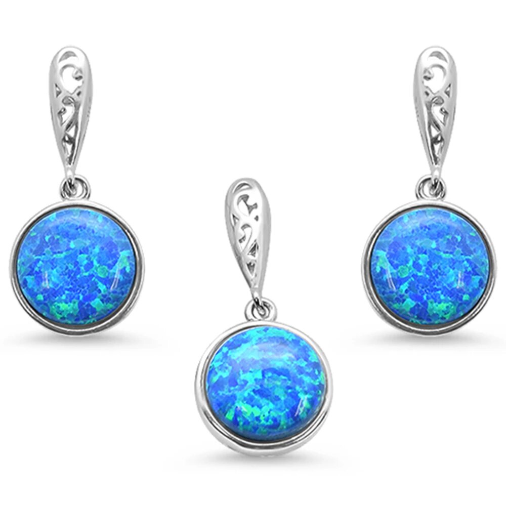 Sterling Silver Round Blue Opal Pendant And Earring Set