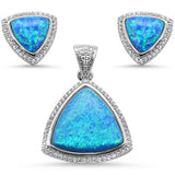 Sterling Silver Blue Opal And Cubic Zirconia Trillion Shape Pendant And Earring Set