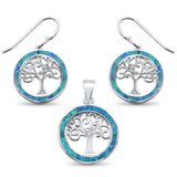 Sterling Silver Blue Opal Tree Of Life Pendant And Earring Set