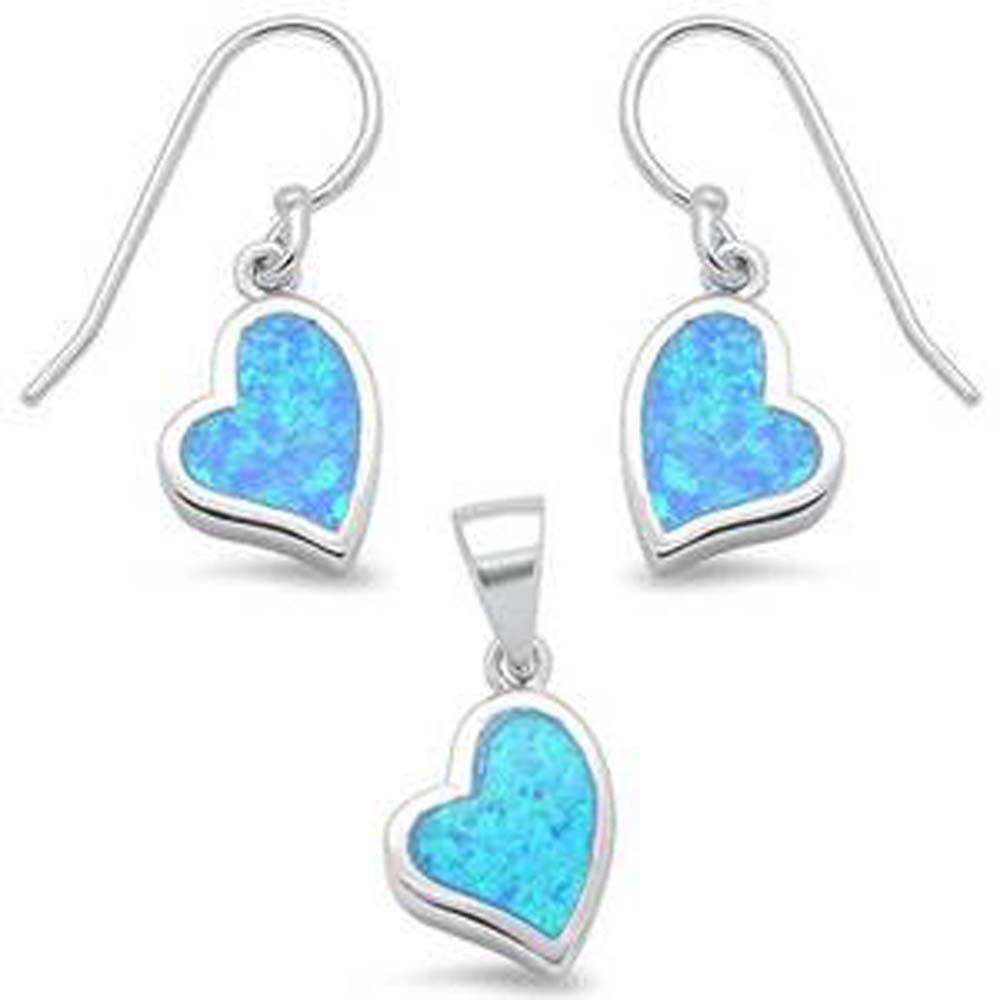 Sterling Silver Blue Opal Heart Shape Dangling Earring and Pendant Set