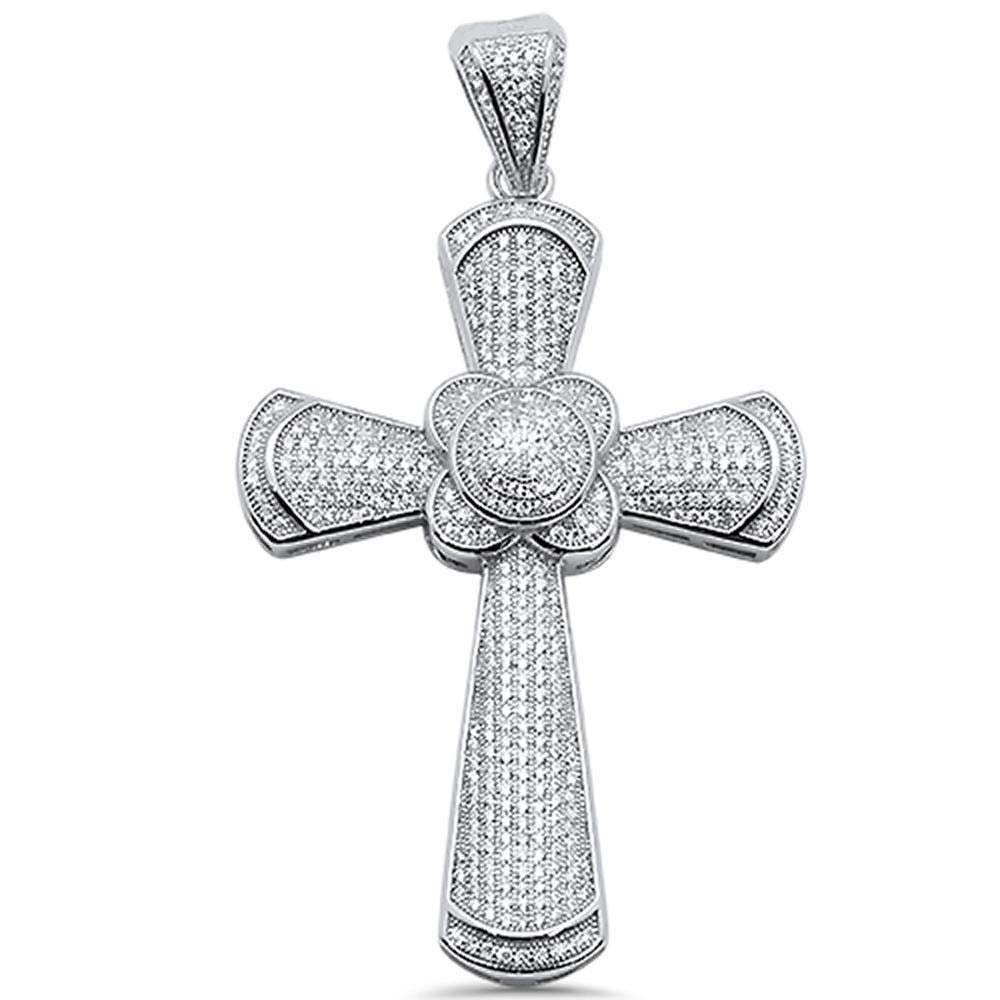 Sterling Silver Micro Pave Cubic Zirconia Cross with Flower Pendant