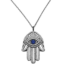 Load image into Gallery viewer, Sterling Silver Black Rhodium Plated Hand of Hamsa Evil eye .925 Pendant NecklaceAnd Width 21mmAnd Length 18inches