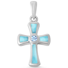 Load image into Gallery viewer, Sterling Silver Blue Topaz Cubic Zirconia and Natural Larimar Cross Pendant-Length-30mm