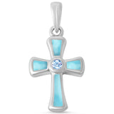 Sterling Silver Blue Topaz Cubic Zirconia and Natural Larimar Cross Pendant-Length-30mm