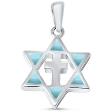 Load image into Gallery viewer, Sterling Silver Natural Larimar Star Of David With Cross Pendant Length-1inch, Width-16mm