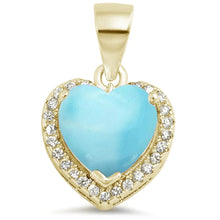 Load image into Gallery viewer, Sterling Silver Yellow Gold Plated Natural Larimar Heart With CZ Pendant