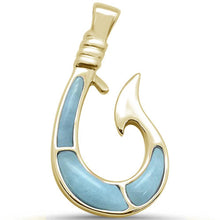 Load image into Gallery viewer, Sterling Silver Yellow Gold Plated Natural Larimar Fish Hook Pendant