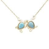 Sterling Silver Yellow Gold Plated Natural Larimar Two Turtle Love Frienship Necklace