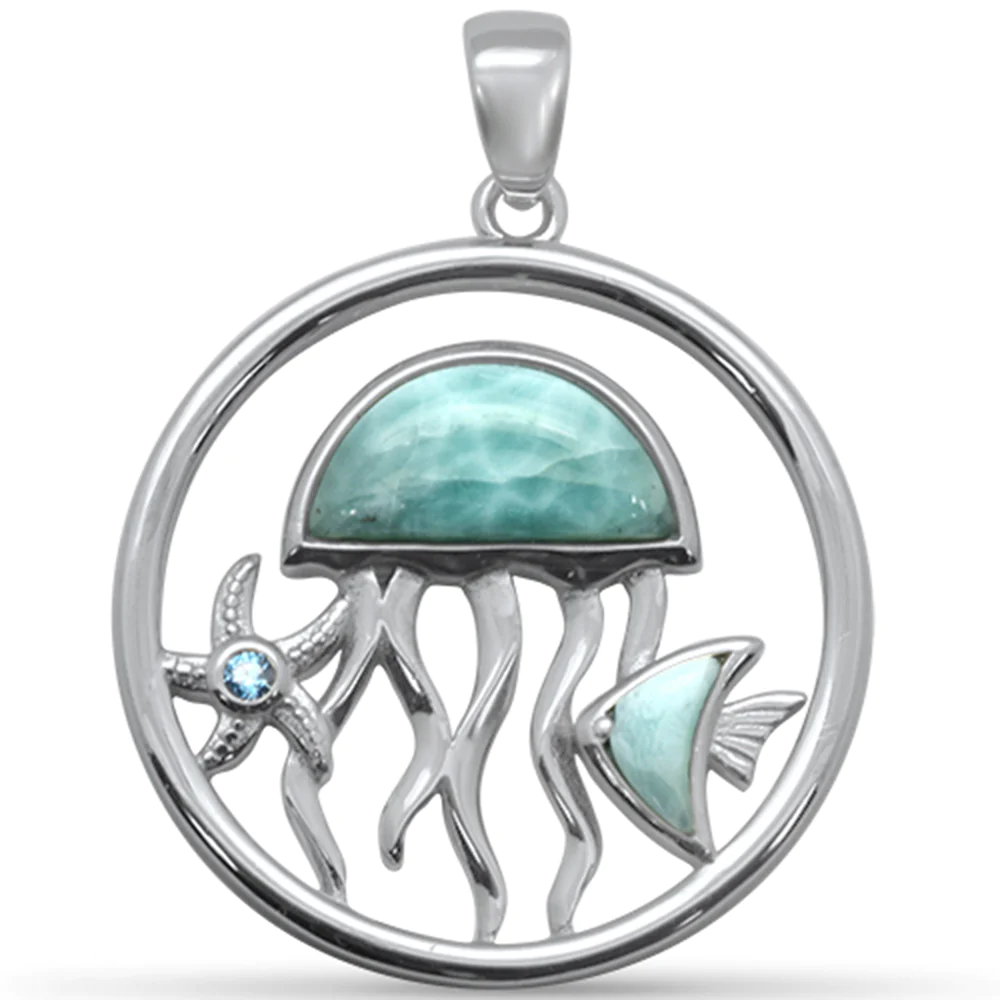Sterling Silver Natural Larimar Jellyfish, Fish, Star and Aquamarine CZ Pendant-1.35inch