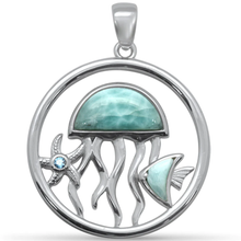 Load image into Gallery viewer, Sterling Silver Natural Larimar Jellyfish, Fish, Star and Aquamarine CZ Pendant-1.35inch