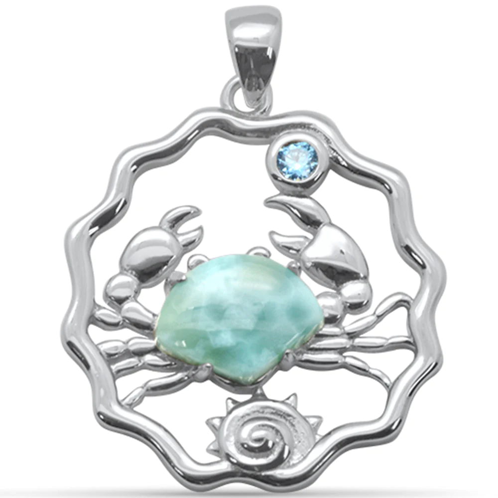 Sterling Silver Natural Larimar Crab, Shell and Aquamarine CZ Pendant-1.3inch