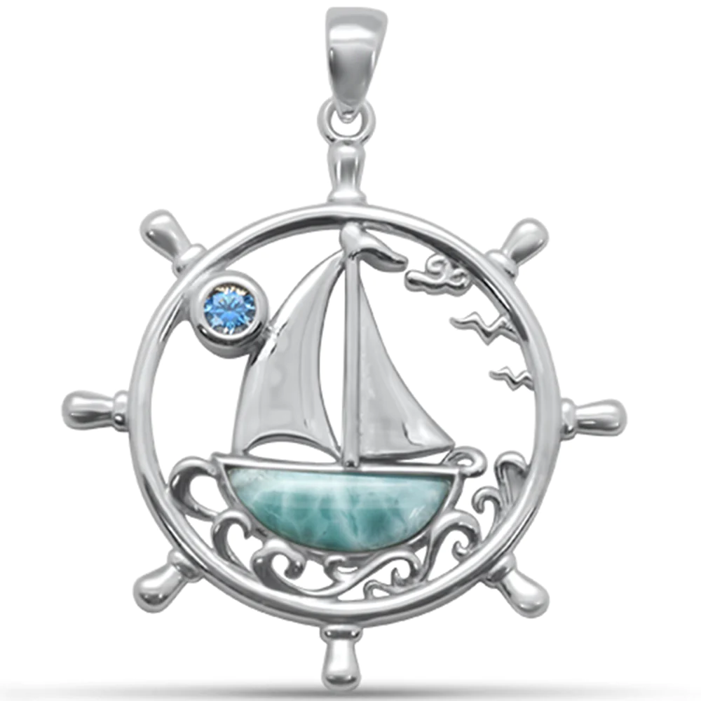 Sterling Silver Natural Larimar Sailboat and Aquamarine CZ Pendant-1.55inch