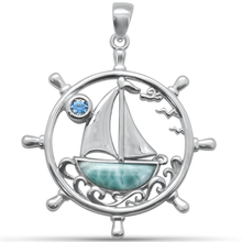 Load image into Gallery viewer, Sterling Silver Natural Larimar Sailboat and Aquamarine CZ Pendant-1.55inch