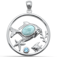 Load image into Gallery viewer, Sterling Silver Oval Shaped Natural Larimar Fish and Aquamarine CZ Pendant-1.35inch