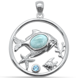 Sterling Silver Oval Shaped Natural Larimar Fish and Aquamarine CZ Pendant-1.35inch