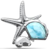 Sterling Silver Natural Larimar Conch And Starfish and Aquamarine CZ Pendant-0.8inch