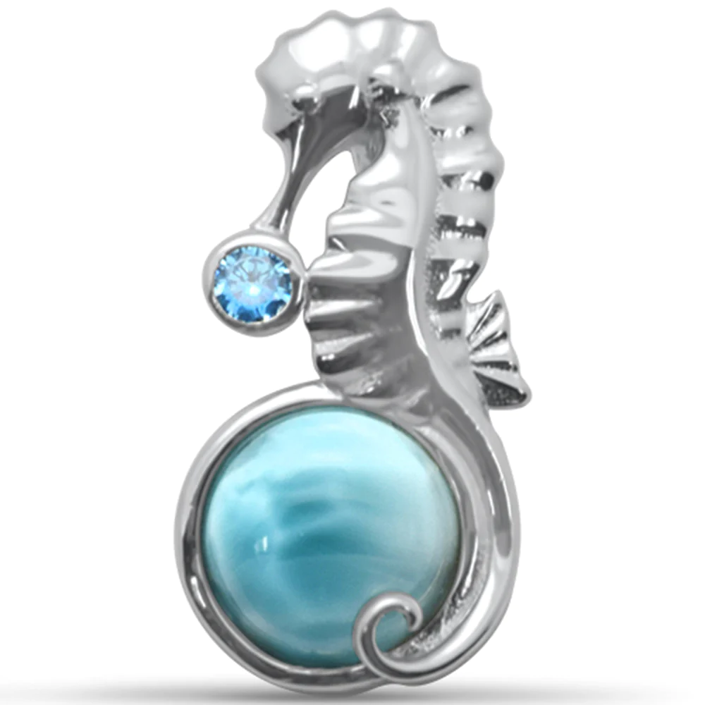 Sterling Silver Round Shaped Natural Larimar Seahorse and Aquamarine CZ Pendant-0.9inch