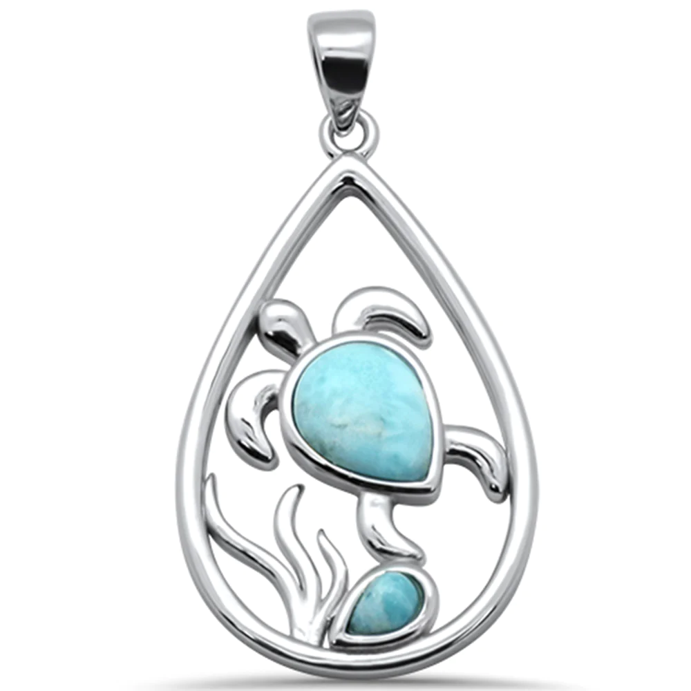 Sterling Silver Pear Shape Turtle Natural Larimar Pendant-Length-1.25inch