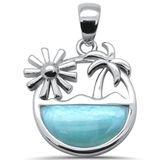 Sterling Silver Palm Tree and Sun Natural Larimar Pendant-Length-0.75 inch