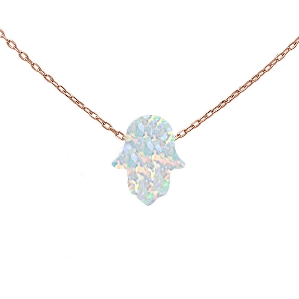 Sterling Silver Rose Gold Plated White Opal Hamsa Symbol Pendant Necklace