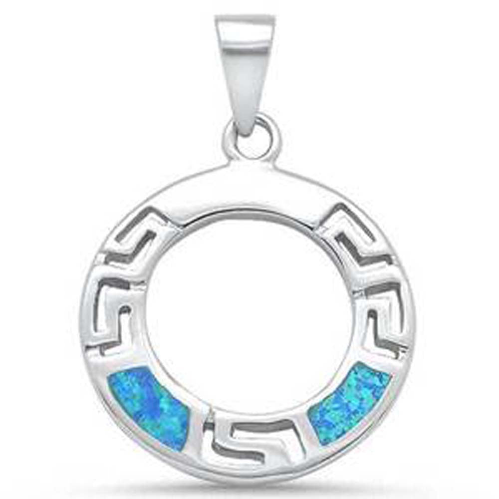 Sterling Silver Blue Opal Circle Greek Key Design Pendant