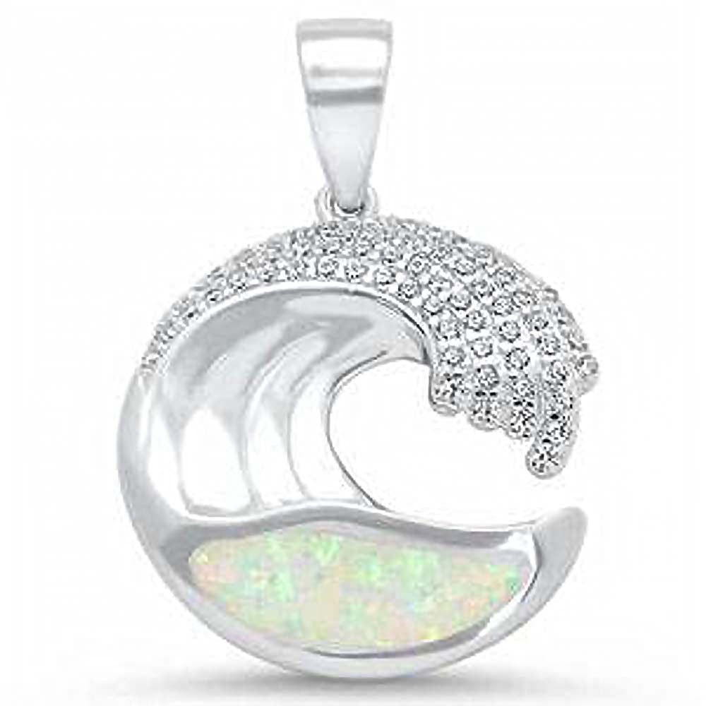Sterling Silver White Opal and Cubic Zirconia Wave Design Pendant