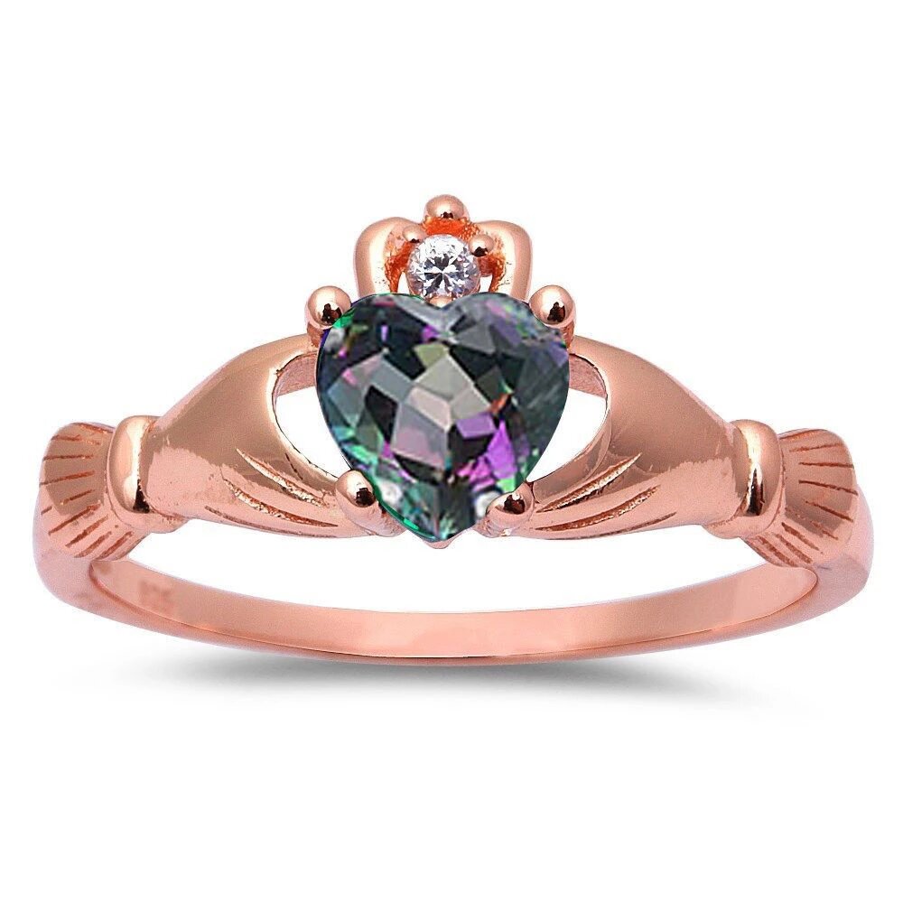 Sterling Silver Claddagh Rings Rose Gold Plated Rainbow Cz & Cubic Zirconia Claddagh with CZ Stones