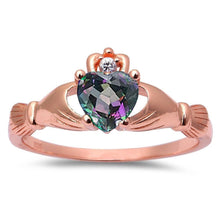 Load image into Gallery viewer, Sterling Silver Claddagh Rings Rose Gold Plated Rainbow Cz &amp; Cubic Zirconia Claddagh with CZ Stones