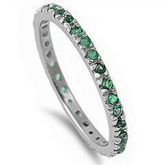 Sterling Silver 2MM Stackable Green Emerald Cubic Zirconia Eternity Band Ring with CZ Stones