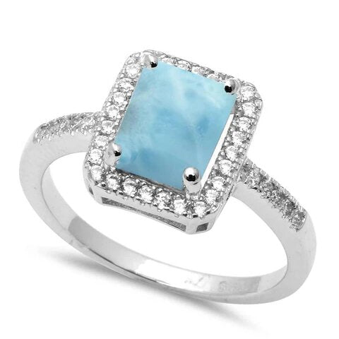Sterling Silver Radiant Shape Natural Larimar And Cubic Zirconia Ring