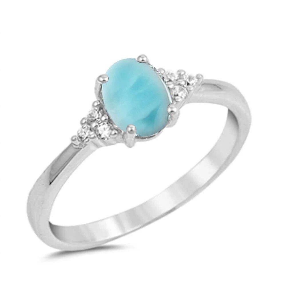 Sterling Silver Oval Natural Larimar and Round Cubic Zirconia Ring - silverdepot