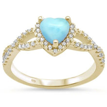 Load image into Gallery viewer, Sterling Silver Yellow Gold Plated Natural Larimar Heart With Cubic Zirconia Ring