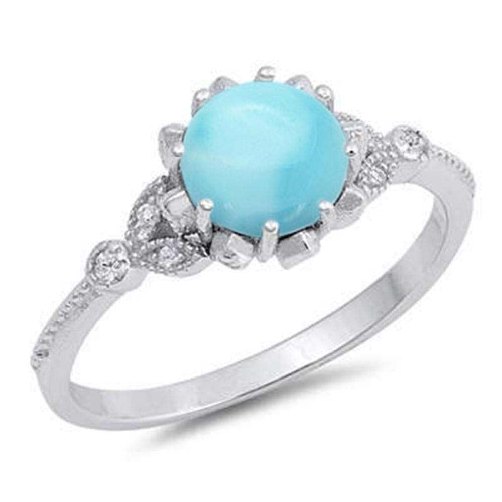 Sterling Silver Natural Larimar And Clear CZ Round Shape With Bezel Ring