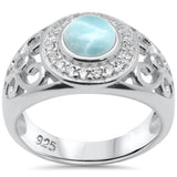 Sterling Silver Round Shaped Halo Filigree Natural Larimar And CZ Ring